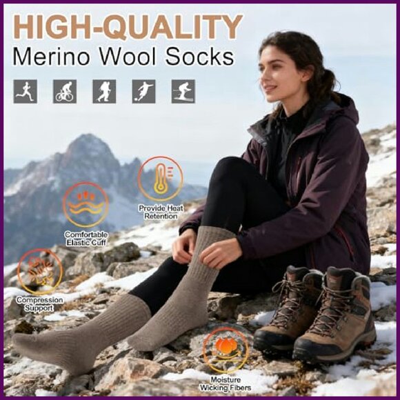 Merino Wool Hiking Socks Women's Thermal Crew 5 Pairs Warm Cushion - Picture 5 of 8